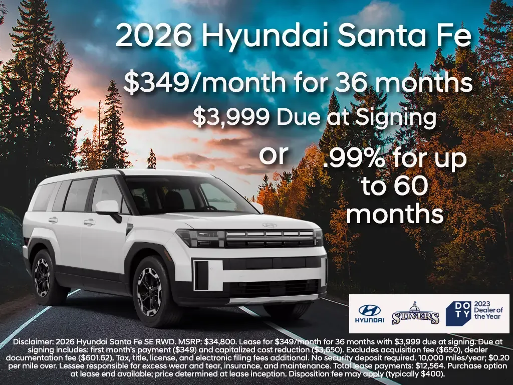 2026 Hyundai Santa Fe on rolling hillside road with 349 dollars monthly lease or point 99 percent financing special