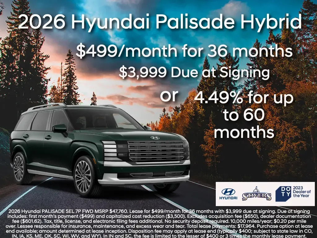 2026 Hyundai Palisade Hybrid on hillside road with 499 dollars monthly lease or 4.49 percent financing promotion