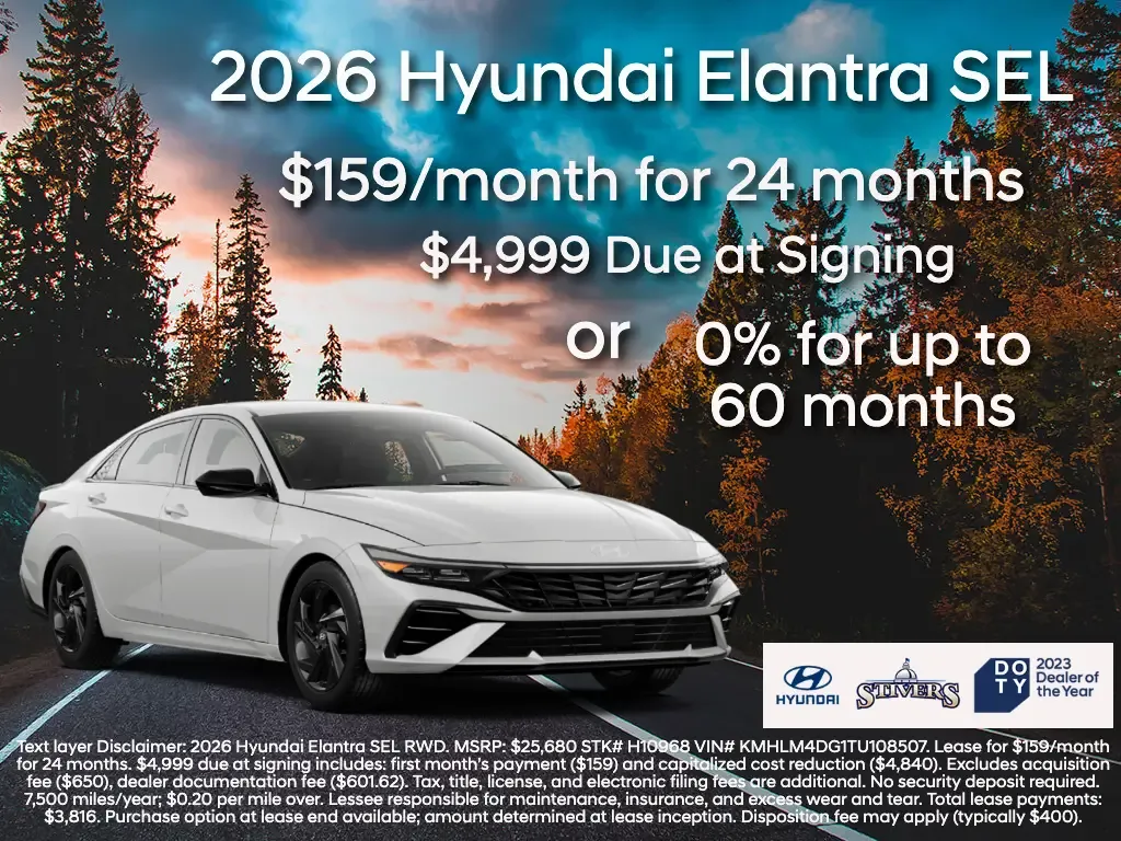 2026 Hyundai Elantra sedan on hillside highway with 159 dollars monthly lease or zero percent financing for 60 months