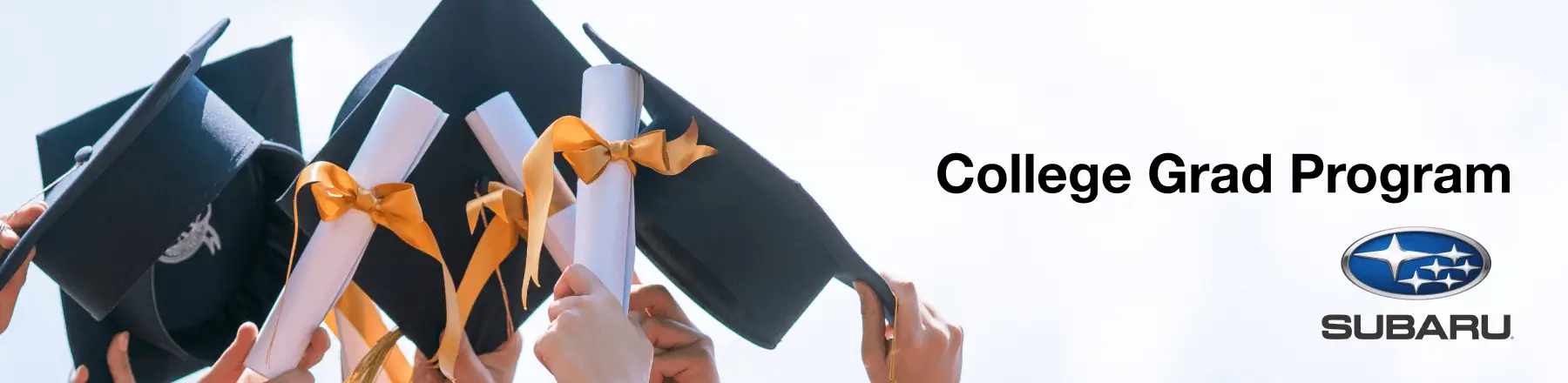 Graduation diplomas and caps next to College Grad Program and the Subaru logo