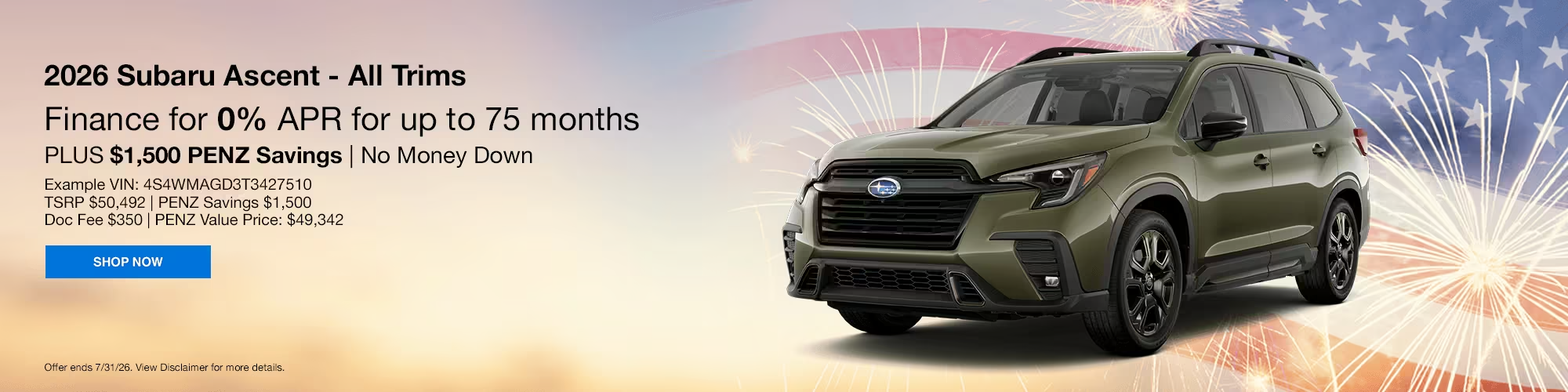 2026 Subaru Ascent All Trims Finance 0% for 75 Months