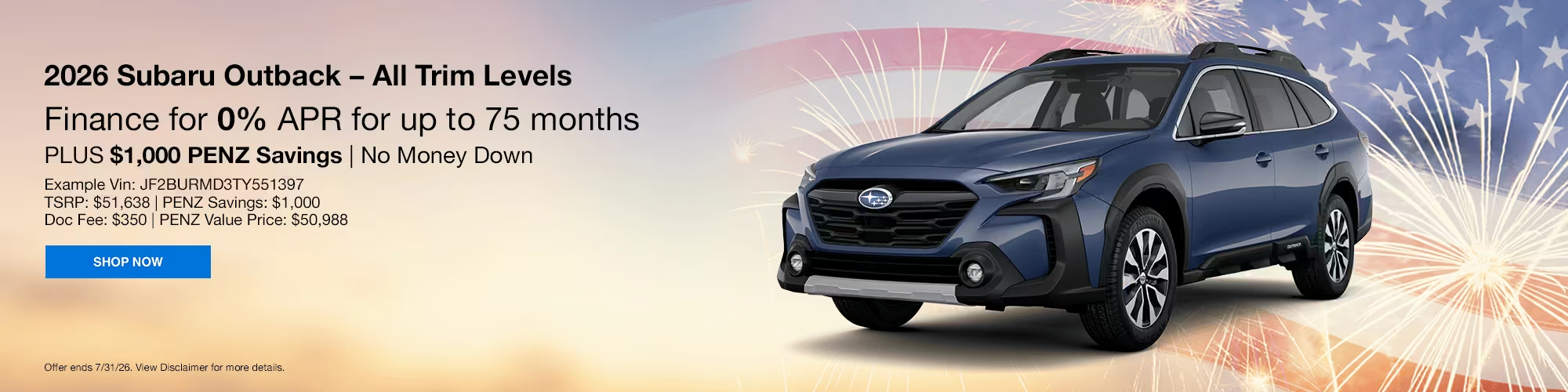 2026 Subaru Outback All Trim Levels Finance for 0% for 75 Months